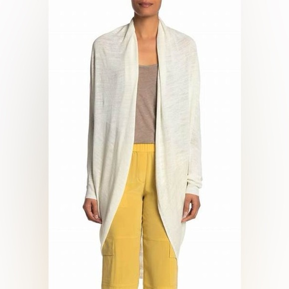 Theory Cocoon Long Curved Hem Cardigan Sweater Open Front Sz M/L Ivory Linen/Vis - Picture 9 of 9